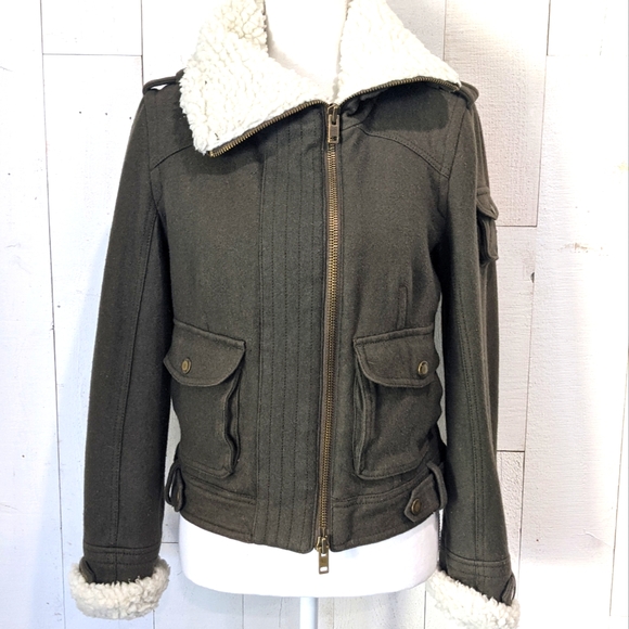 American Eagle Army Green Wool Bomber Coat - Picture 2 of 16